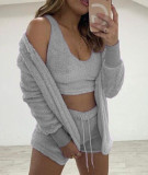 Women Long-Sleeve Furry Casual Jacket Vest Shorts Three-Piece Set