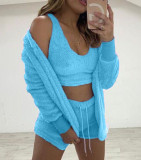 Women Long-Sleeve Furry Casual Jacket Vest Shorts Three-Piece Set