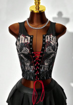 Women Sweet and Sexy Lace-Up Crop Top Printed Vest