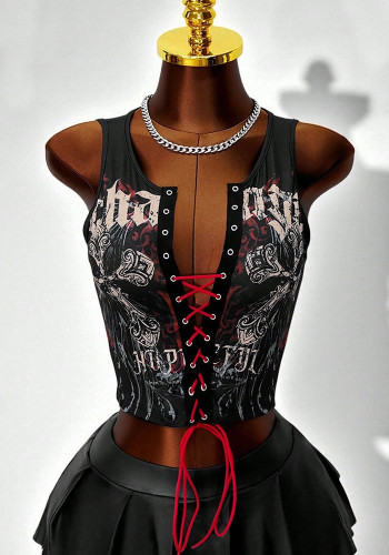 Women Sweet and Sexy Lace-Up Crop Top Printed Vest