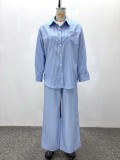 Plus Size Women Casual Turndown Collar Striped Shirt and Pants Two-Piece Set