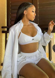 Women Solid Turndown Collar Shirt Casual Shorts Two-Piece Set