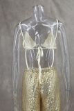 Women Spring/Summer Bikini V-Neck Sexy Sequined Top and Wide-Leg Pants Two-Piece Set