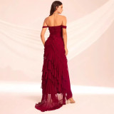 Women Off-Shoulder Sexy Floral Strapless Summer Red Irregular Dresses