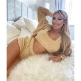 Women Long-Sleeve Furry Casual Jacket Vest Shorts Three-Piece Set