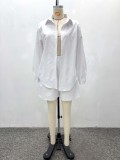 Women Solid Turndown Collar Shirt Casual Shorts Two-Piece Set