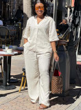 African Women V-Neck Solid Shirt and Pant Two-Piece Set