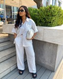 Women Casual Striped Short-Sleeved Shirt and Pants Two-Piece Set