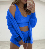 Women Long-Sleeve Furry Casual Jacket Vest Shorts Three-Piece Set