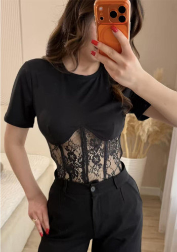 Women Spring/Summer Herringbone Patchwork Lace-Up Short-Sleeve Sexy T-Shirt