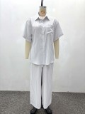 Women Casual Striped Short-Sleeved Shirt and Pants Two-Piece Set