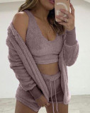 Women Long-Sleeve Furry Casual Jacket Vest Shorts Three-Piece Set