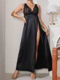 Plus Size Women Satin Lace Slit Strap Dress