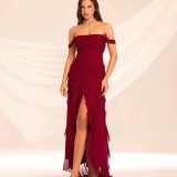 Women Off-Shoulder Sexy Floral Strapless Summer Red Irregular Dresses