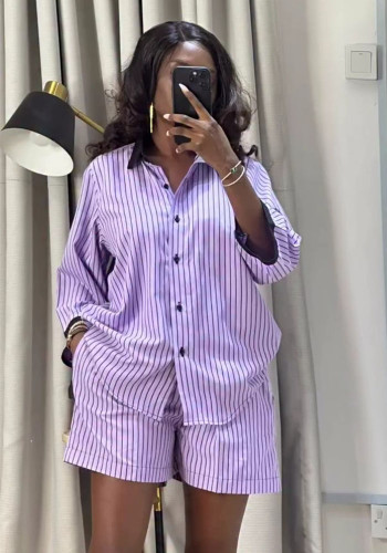 Plus Size Women Long-Sleeved Turndown Collar Patchwork Color Block Striped Shirt and Pants Two-Piece Set