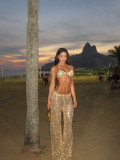 Women Spring/Summer Bikini V-Neck Sexy Sequined Top and Wide-Leg Pants Two-Piece Set