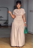 Women Spring Solid Scarf Collar Short-Sleeve Elegant Dress