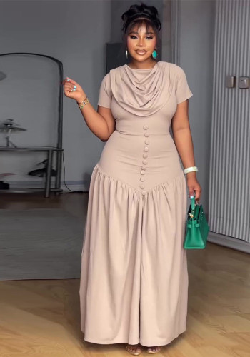 Women Spring Solid Scarf Collar Short-Sleeve Elegant Dress