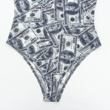 Women High-Neck Long-Sleeve All-Over Dollar Print Mesh See-Through Bodysuit