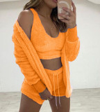 Women Long-Sleeve Furry Casual Jacket Vest Shorts Three-Piece Set