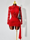 Women Autumn/Winter Sexy Solid High-Neck Lace Patchwork Long-Sleeve Bodycon Dress