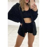 Women Long-Sleeve Furry Casual Jacket Vest Shorts Three-Piece Set