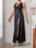 Plus Size Women Satin Lace Slit Strap Dress