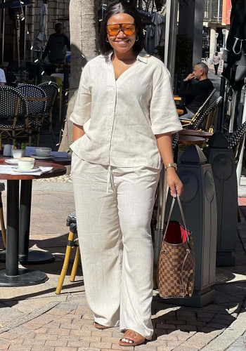 African Women V-Neck Solid Shirt and Pant Two-Piece Set