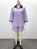 Plus Size Women Long-Sleeved Turndown Collar Patchwork Color Block Striped Shirt and Pants Two-Piece Set