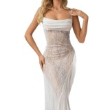 Women Summer See-Through Slit Strap Nightgown