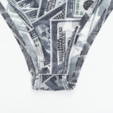 Women High-Neck Long-Sleeve All-Over Dollar Print Mesh See-Through Bodysuit