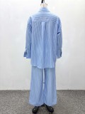 Plus Size Women Casual Turndown Collar Striped Shirt and Pants Two-Piece Set