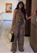 Women Sexy Leopard Print Halter Neck Top and Wide-Leg Pants Two-Piece Set