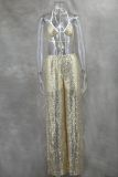 Women Spring/Summer Bikini V-Neck Sexy Sequined Top and Wide-Leg Pants Two-Piece Set