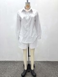 Women Solid Turndown Collar Shirt Casual Shorts Two-Piece Set