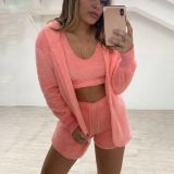 Women Long-Sleeve Furry Casual Jacket Vest Shorts Three-Piece Set