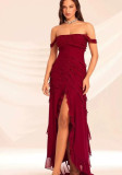 Women Off-Shoulder Sexy Floral Strapless Summer Red Irregular Dresses
