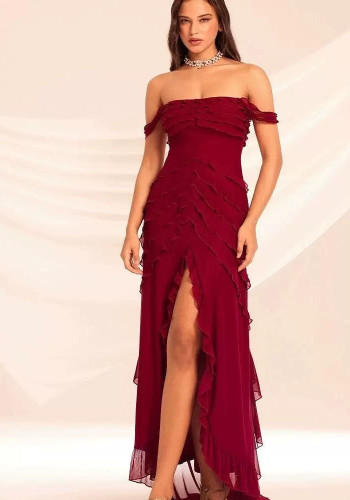 Women Off-Shoulder Sexy Floral Strapless Summer Red Irregular Dresses