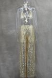 Women Spring/Summer Bikini V-Neck Sexy Sequined Top and Wide-Leg Pants Two-Piece Set