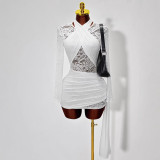 Women Autumn/Winter Sexy Solid High-Neck Lace Patchwork Long-Sleeve Bodycon Dress