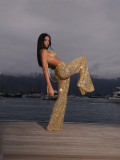 Women Spring/Summer Bikini V-Neck Sexy Sequined Top and Wide-Leg Pants Two-Piece Set
