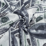 Women High-Neck Long-Sleeve All-Over Dollar Print Mesh See-Through Bodysuit