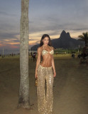 Women Spring/Summer Bikini V-Neck Sexy Sequined Top and Wide-Leg Pants Two-Piece Set