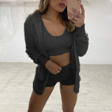 Women Long-Sleeve Furry Casual Jacket Vest Shorts Three-Piece Set