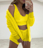 Women Long-Sleeve Furry Casual Jacket Vest Shorts Three-Piece Set