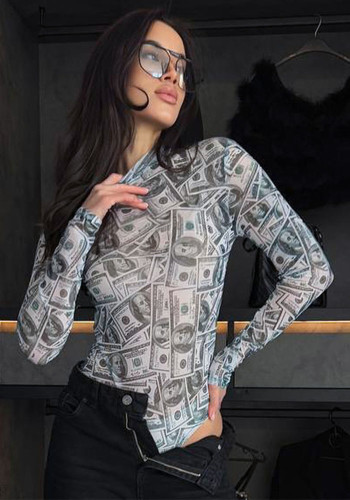 Women High-Neck Long-Sleeve All-Over Dollar Print Mesh See-Through Bodysuit