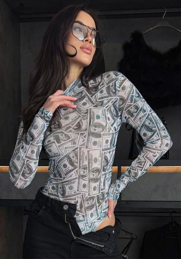 Women High-Neck Long-Sleeve All-Over Dollar Print Mesh See-Through Bodysuit