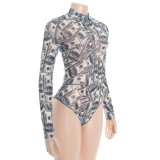 Women High-Neck Long-Sleeve All-Over Dollar Print Mesh See-Through Bodysuit