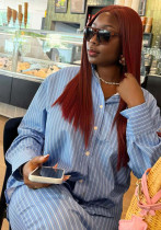 Plus Size Women Casual Turndown Collar Striped Shirt and Pants Two-Piece Set