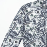 Women High-Neck Long-Sleeve All-Over Dollar Print Mesh See-Through Bodysuit